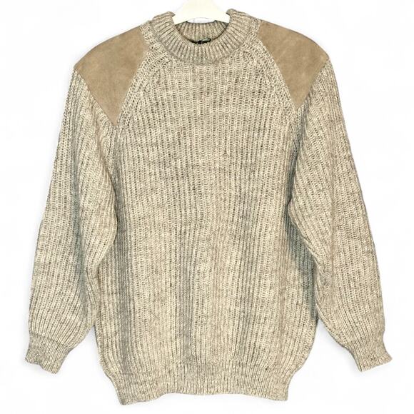 Cabela’s Vintage Wool Field Sweater Sz M 48" Chest Oatmeal Tan Suede Patches UK - Picture 1 of 6